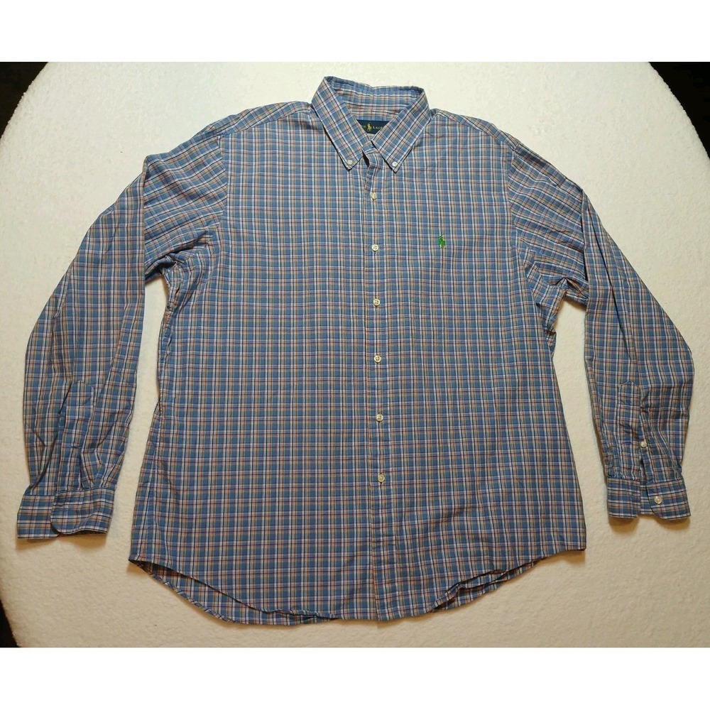 Ralph Lauren Men Woven Button Up Shirt Long Sleeve Blue Orange Plaid Size XL